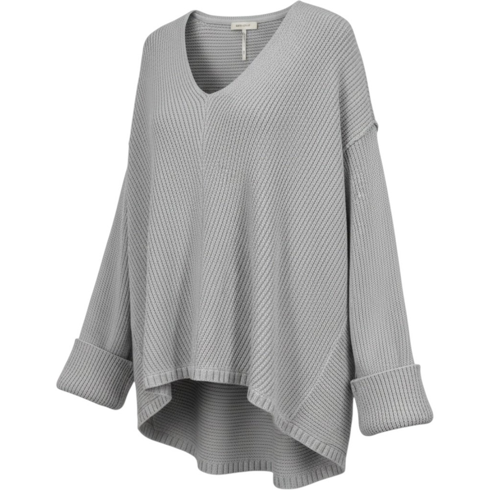 Free People Gray Oversized V-Neck Sweater S Slouchy Minimalist Boho‎ Cozy Ribbed